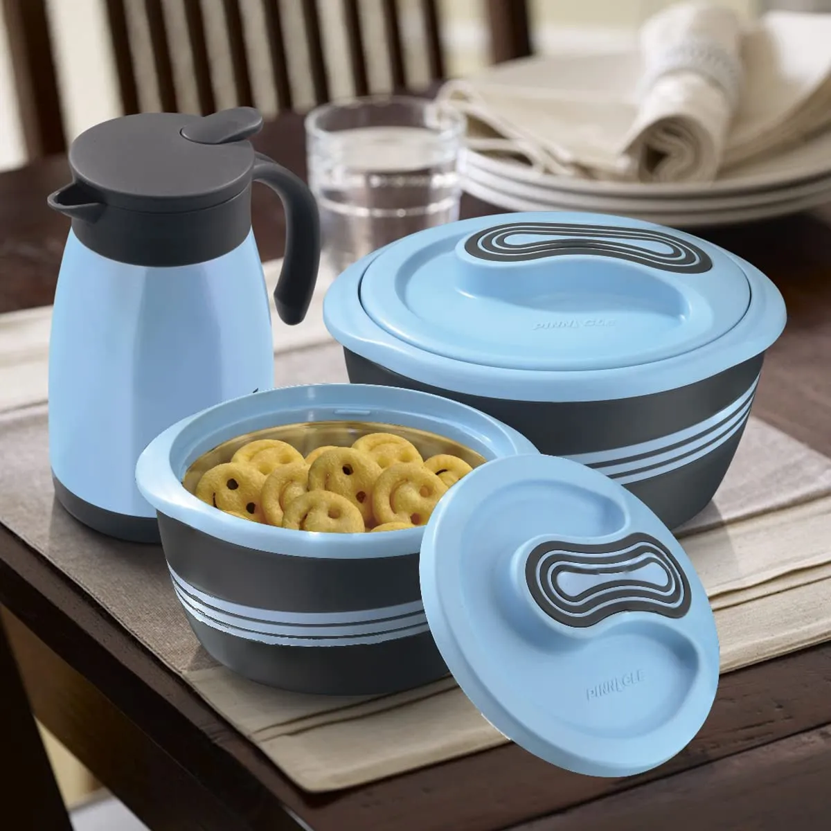 Pinnacle Palazio Vaccum Insulated Carafe & Inner Stainless Steel Casserole Set of 3 | 1000 ml, 2000 ml Casserole | 750ml Carafe | Hot Box | Roti Box | Thermos Flask | Blue (Blue)