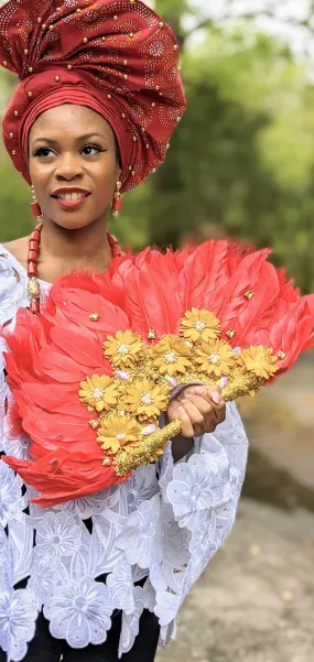 Red Omolara African Feather Fan with an ornate Gold embellished handle-DPFGEM24