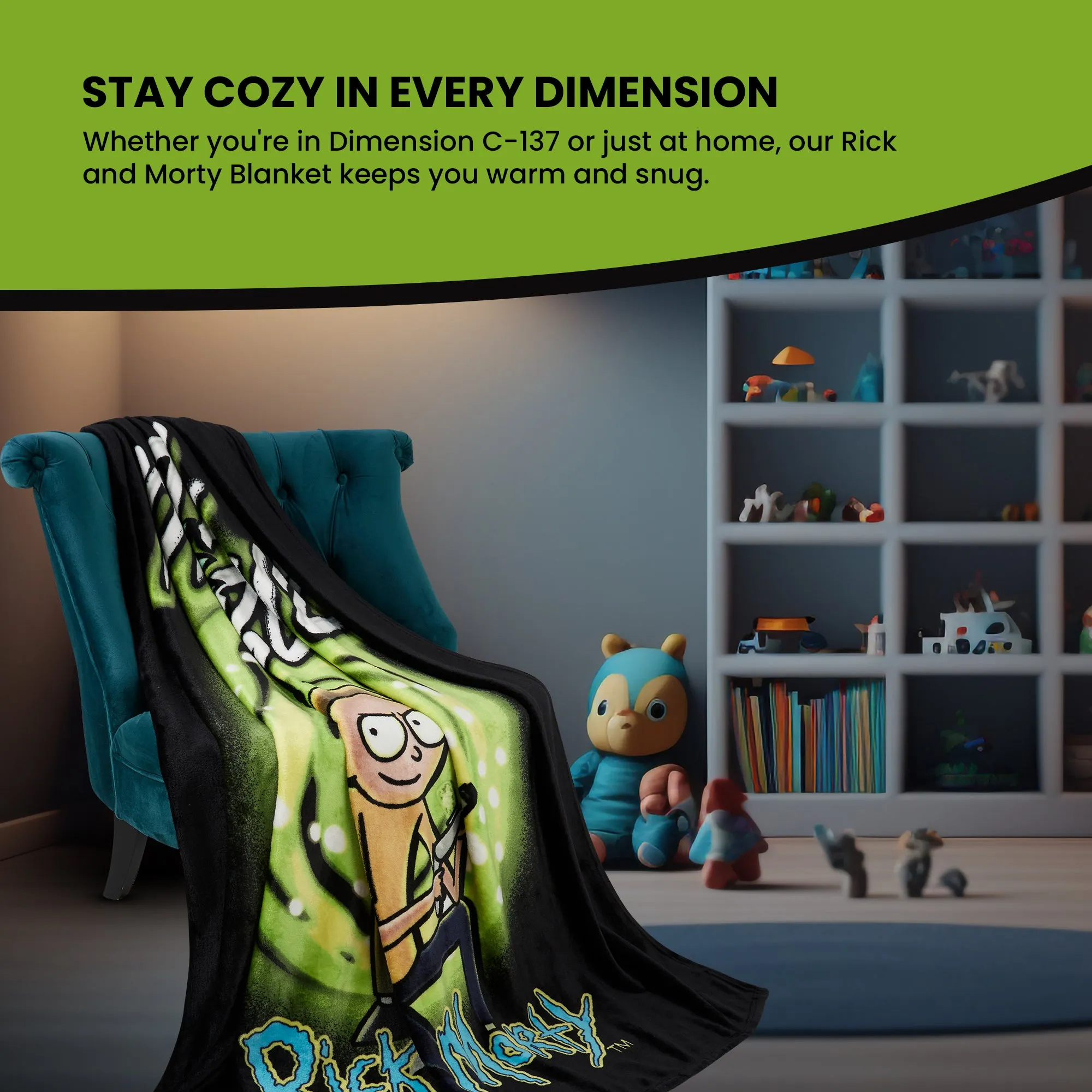 RICK AND MORTY Fleece Blanket -  Black/Green