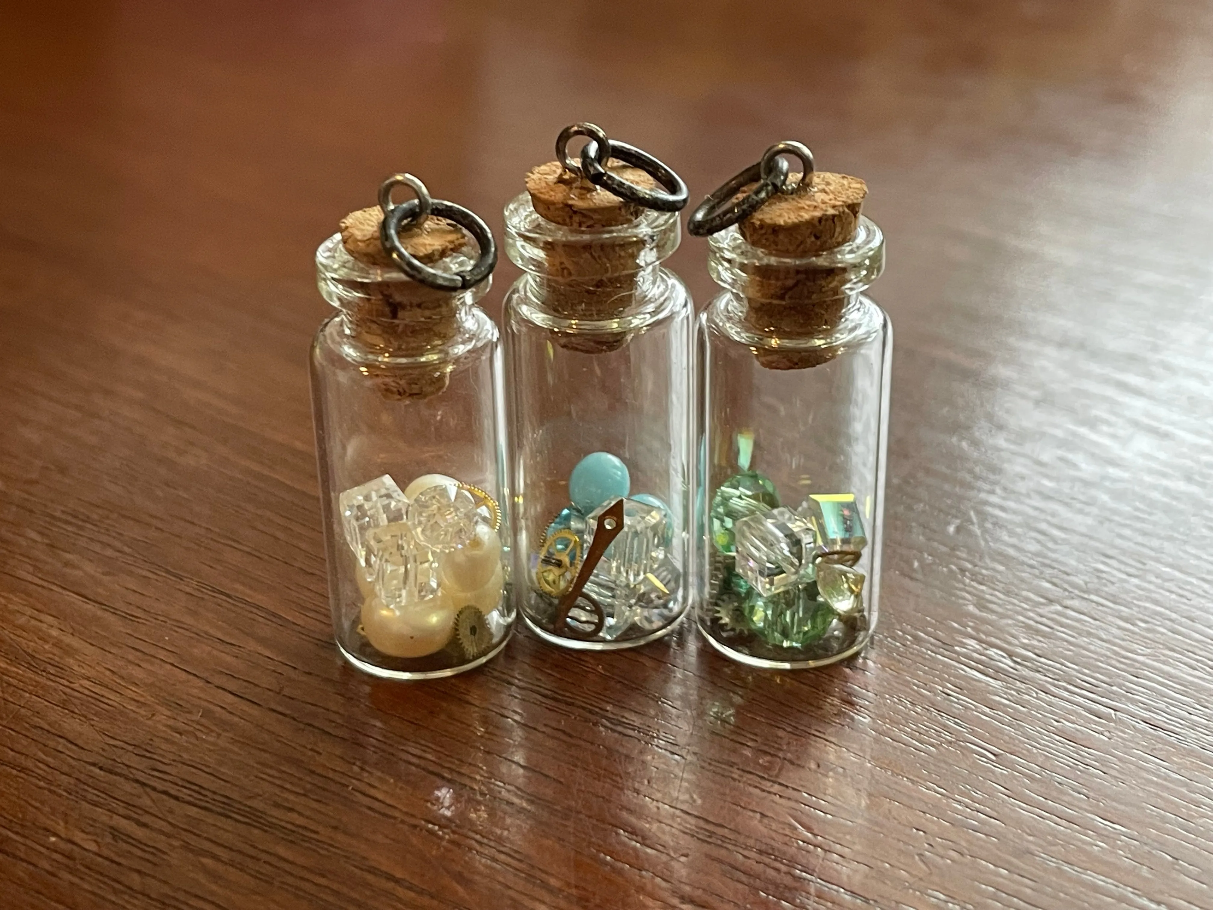 Set of 3 Glass Bottle Cork Bead Faux Pearl Gears Pendants