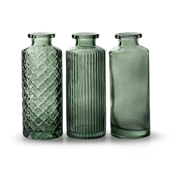 Set Of 3 Pressed Glass Bottle Vases Amelie - Forest Green