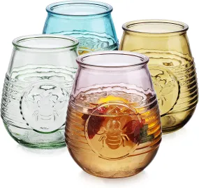 Set Of 4 Colored Glasses, Multicolor Embossed Wine Glasses