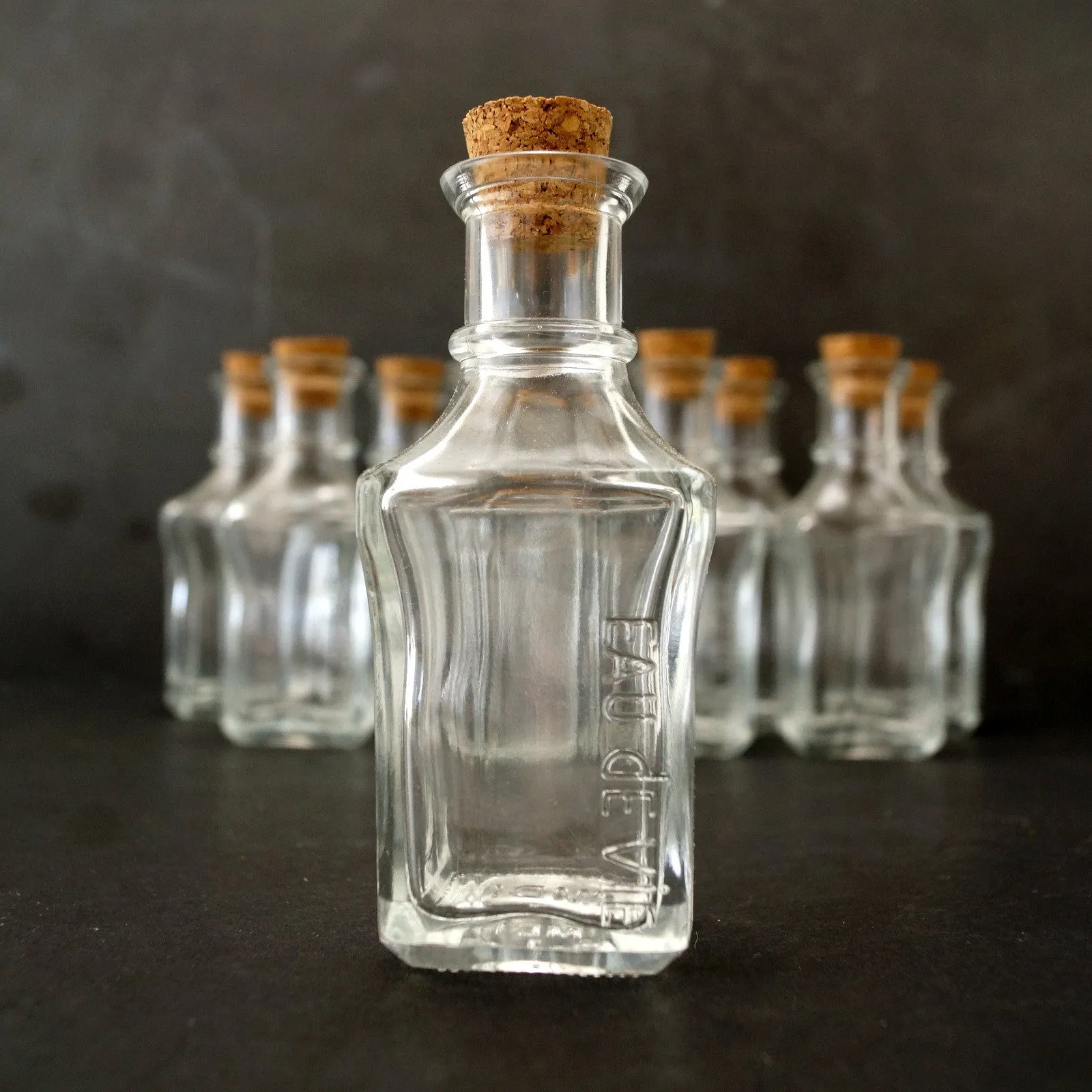 Small Square Glass Bottle with Cork (4" tall x 1.75" wide), 50 ml capacity