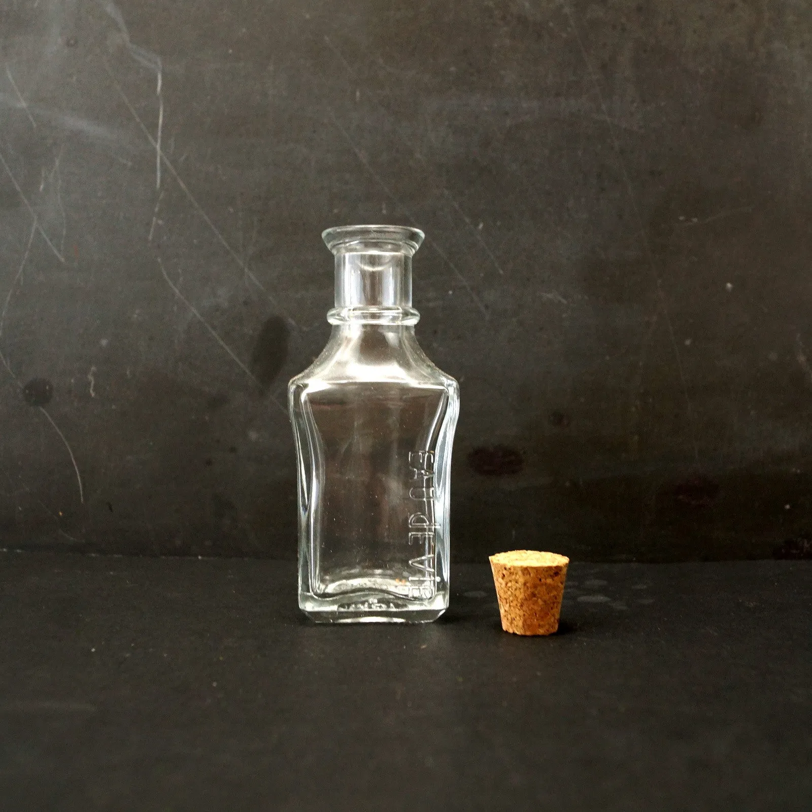 Small Square Glass Bottle with Cork (4" tall x 1.75" wide), 50 ml capacity