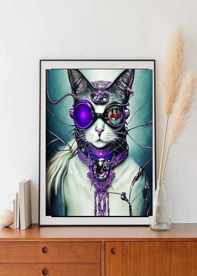 Steampunk Cat art  - steampunk black and white  cat print ,Digital Art File, Edgy Wall Decor, AI Generated Art -