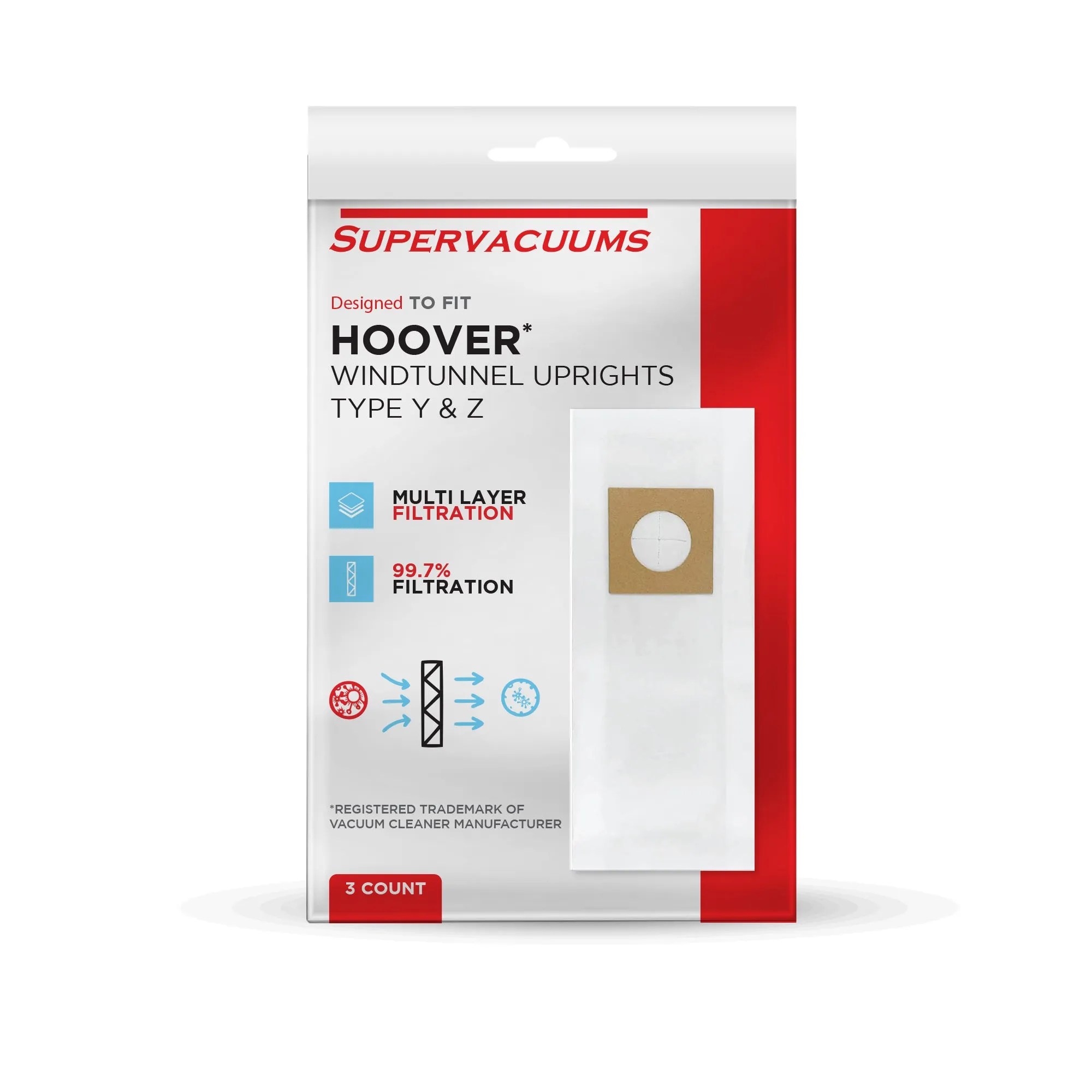 Supervacuums Micro Filtration Paper Vacuum Bags for Hoover Type Y & Z Windtunnel Upright Vacuum Cleaners