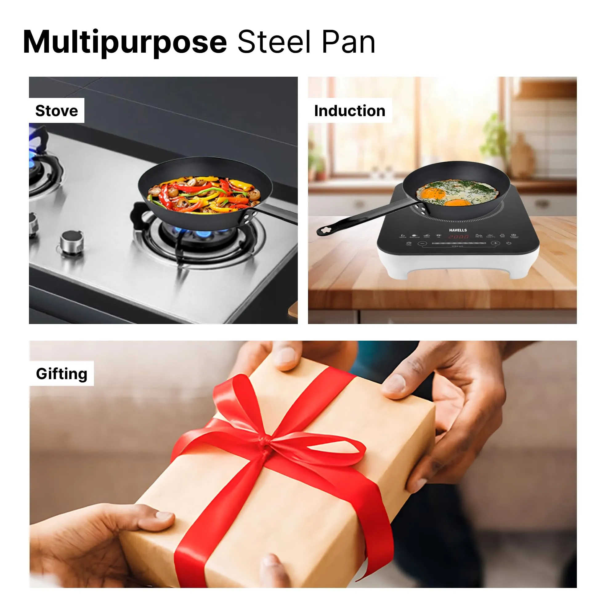 The Better Home SteelPulse Series Carbon Steel Pan (24cm) | Pre-Seasoned Frying Pan Non Stick | Cooking Pan | Gas & Induction Cookware | Gas & Induction Pan | Omelette Pan (Black)