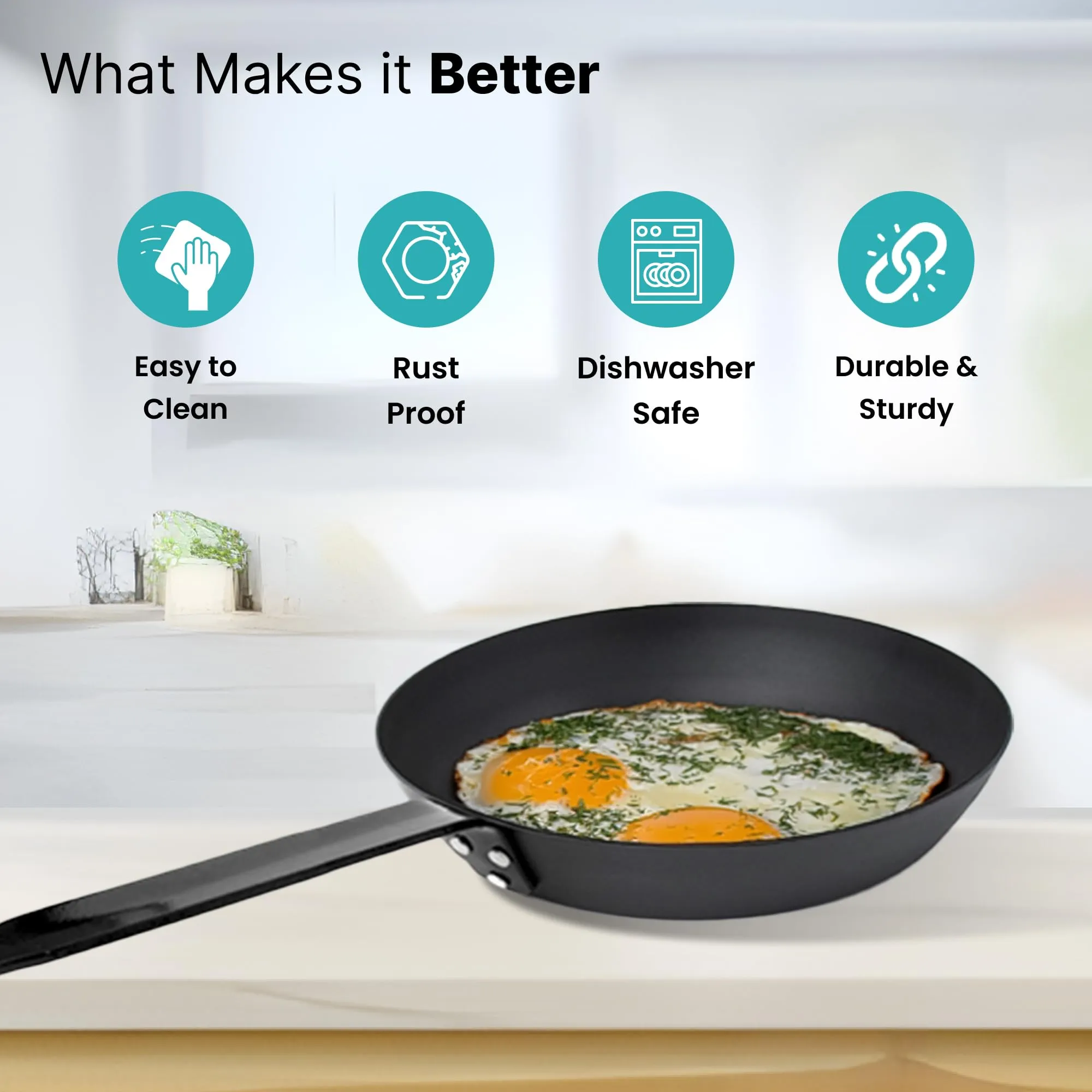 The Better Home SteelPulse Series Carbon Steel Pan (24cm) | Pre-Seasoned Frying Pan Non Stick | Cooking Pan | Gas & Induction Cookware | Gas & Induction Pan | Omelette Pan (Black)