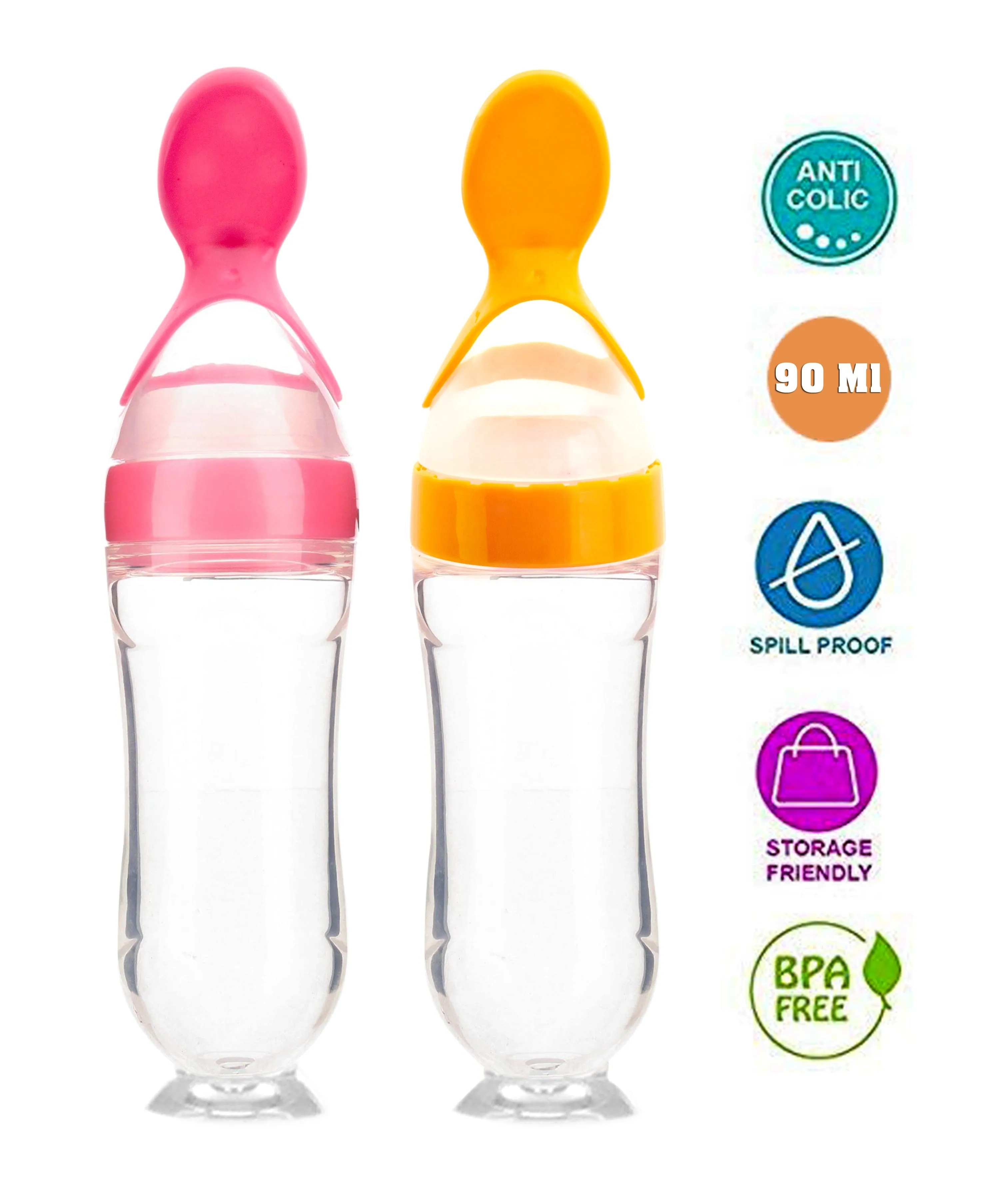 THE LITTLE LOOKERS Infant Baby Squeezy Food Grade Silicone Bottle Feeder with Soft Silicon Baby Feeding Used for Semi Solid |Spoon Feeder| Cerelac Feeder| Rice Paste Milk Food Feeder (90ml, Pink & Yellow)