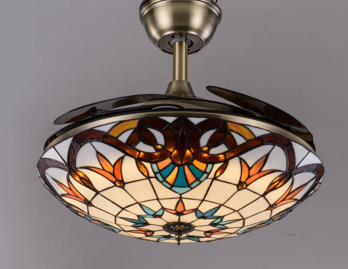 Tiffany-Style Invisible Ceiling Fan Lamp - Retro Mediterranean Design with Remote Control