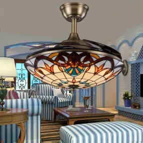 Tiffany-Style Invisible Ceiling Fan Lamp - Retro Mediterranean Design with Remote Control