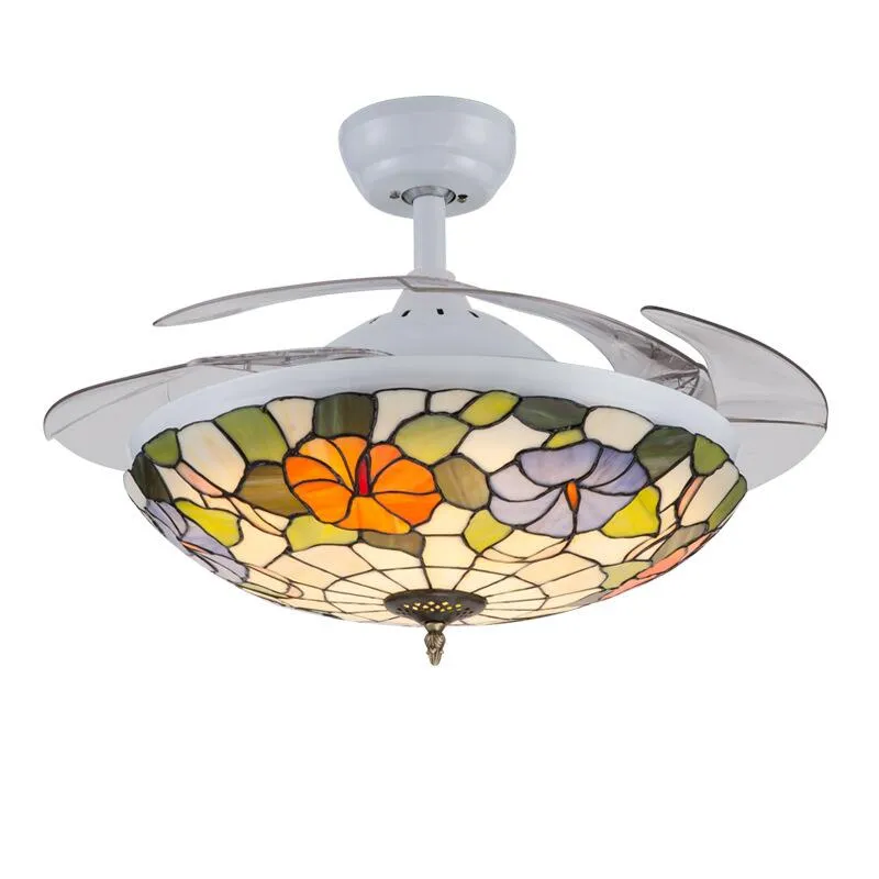 Tiffany-Style Invisible Ceiling Fan Lamp - Retro Mediterranean Design with Remote Control