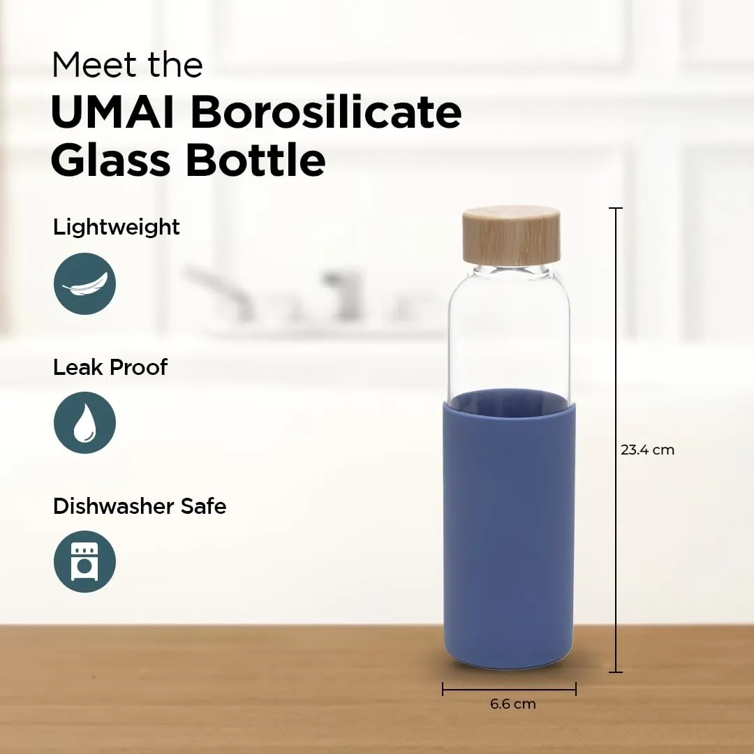 UMAI Borosilicate Glass Water Bottle with Sleeve 550ml | Non Slip Silicon Sleeve & Bamboo Lid | Fridge Water Bottle For Home & Office (Blue, Pack of 2)