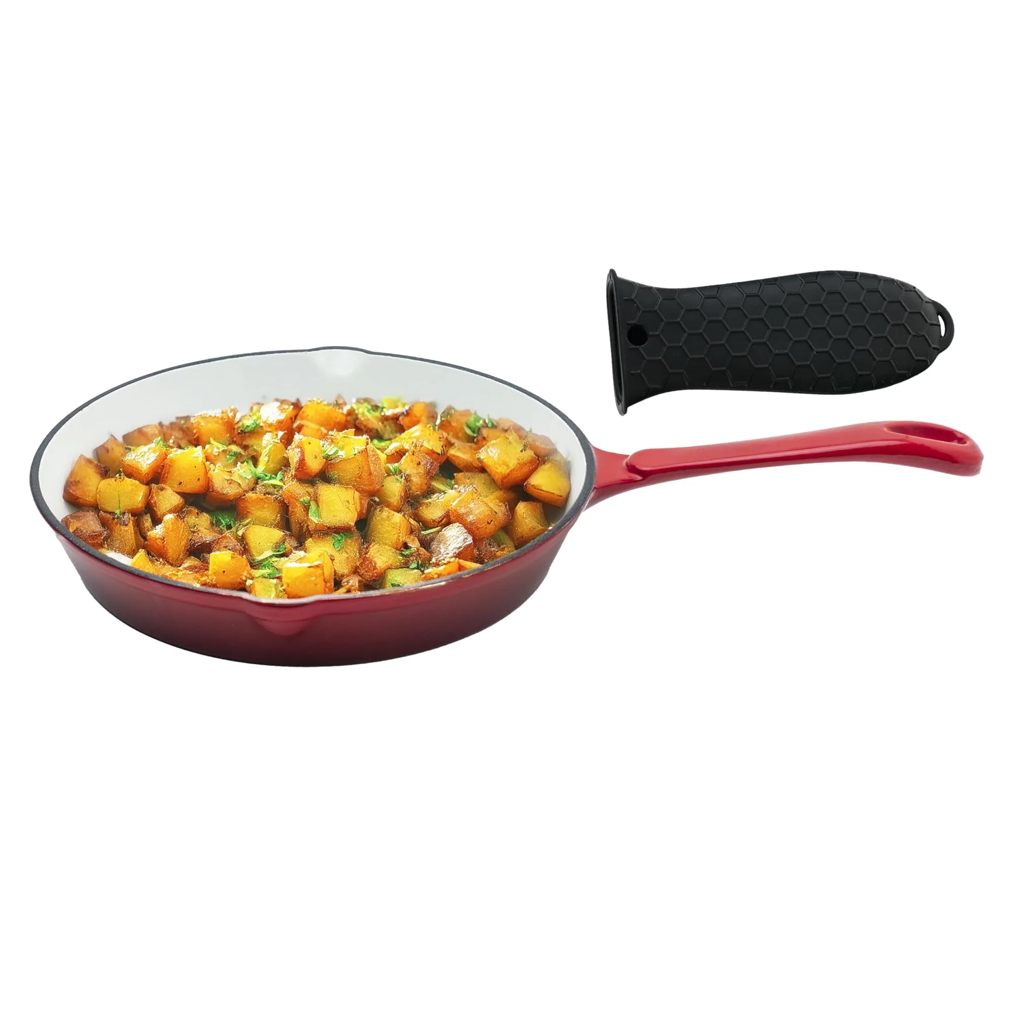 UMAI Cast Iron Frying Pan (25cm) | Enamel Coated Rust Proof Cast Iron Non Stick Pan | Frying Pan for Cooking with Long Handles & Silicon Sleeve | Gas & Induction Cookware | Fish Fry Tawa | Iron Fry