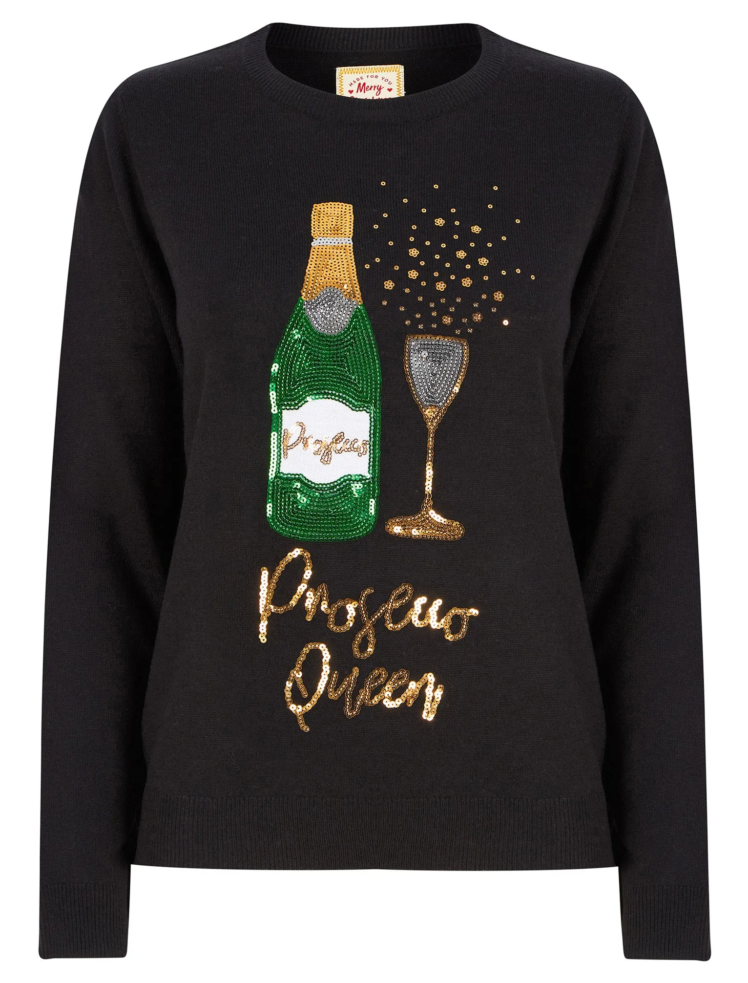 Women's Prosecco Queen Sequin Novelty Christmas Jumper in Jet Black - Merry Christmas